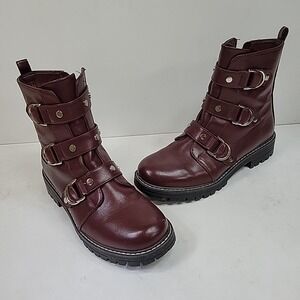 SO Womens 8.5 Burgundy Combat Boots Studded Moto Ankle Zip Lug Sole Super Cute